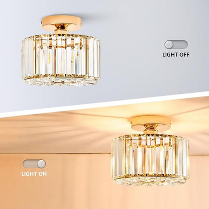 VONLUCE Crystal Ceiling Light Fixture, Semi Flush Mount Ceiling Light Modern Crystal Hallway Light, Gold Flush Mount Chandelier for Entryway Kitchen Bedroom Living Room Entryway