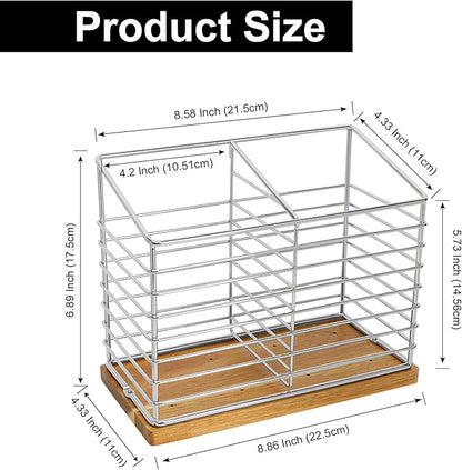 Utensil Holder for Kitchen Counter, Metal Utensil Holder Rack for Kitchen Countertop, Cooking Tools Storage for Spatula, Utensil Organizer with Sturdy Base, and Drainage Hole (Chrome Wooden)