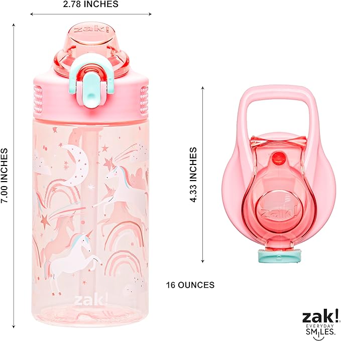 Zak Designs Sage Water Bottle For School or Travel, 16oz Durable Plastic Water Bottle With Straw, Handle, and Leak-Proof, Pop-Up Spout Cover (Fanciful Unicorn)