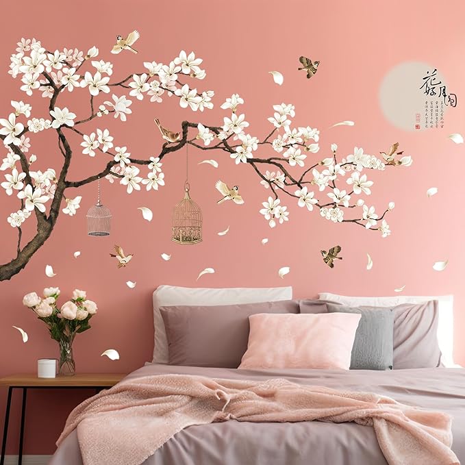 Chinese Style White Flowers Black Tree and Flying Birds Wall Stickers Removable DIY Wall Art Decor Decals Murals for Offices Home Walls Bedroom Study Room Wall Decaoration, 50inchx74inch