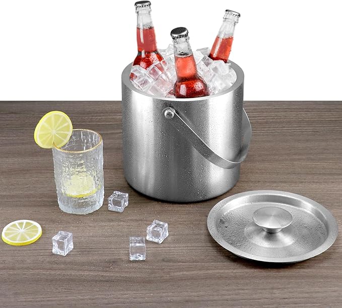 QWORK 3L Stainless Steel Ice Bucket with Lid, Double Wall Insulation, for Wine, Cocktail Bar, Parties, Home Bar Accessories, Champagne Bucket, Elegant Bartending Ice Buckets