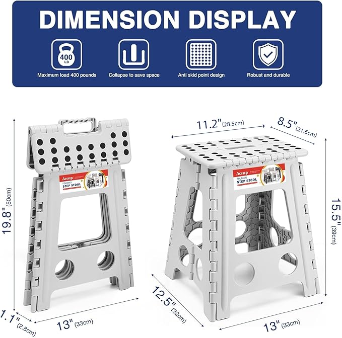 ACSTEP Folding Step Stool 16 Inch Stool Heavy Duty Plastic Foldable Step Stools for Adults and Kids, Stepping Stool with Handle, Folding Stool Suitable for Kitchen Hold Up to 400lbs (Grey 1PC)