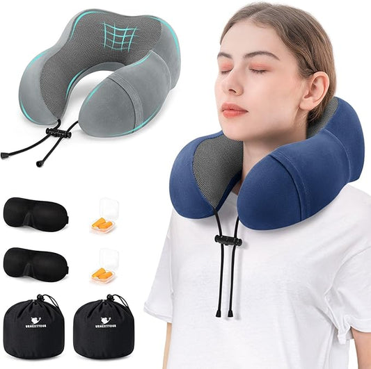 Travel Pillow for Airplane Memory Foam Neck Pillow, 2 Pack Travel Pillow for Travelling with Eye Mask, Earplugs and Storage Bag, Sleeping Rest, Car, Train and Home Use Fleece, Blue & Grey