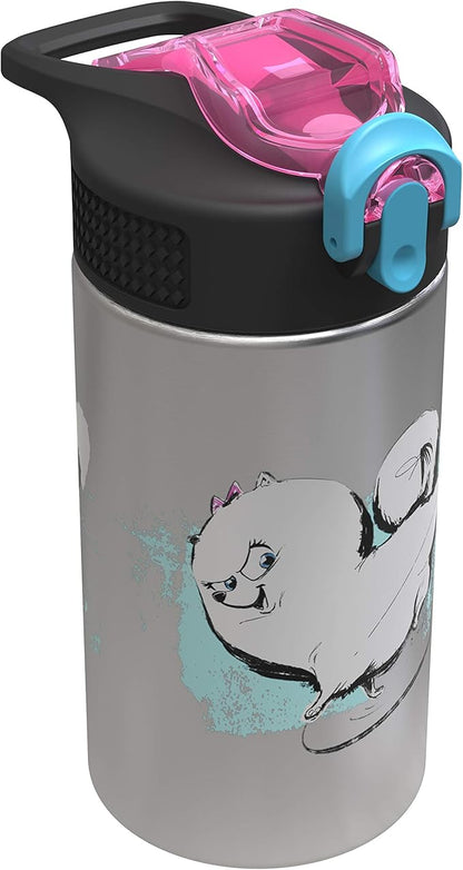 Zak Designs The Secret Life of Pets 2 - Stainless Steel Water Bottle with One Hand Operation Action Lid and Built-in Carrying Loop, Water Bottle with Straw is Perfect for Kids(15.5 oz, 18/8,BPA-Free)