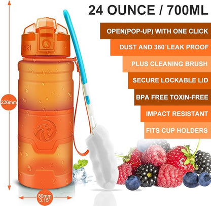 ZORRI 14/17/ 24/32 OZ Water Bottles, BPA Free Tritan Lightweight Leak Proof Sport Bottle with Brush, Lock Feature, Track Marker, and Flip Lid for Kids School, Fitness, Office, Sports & Outdoors