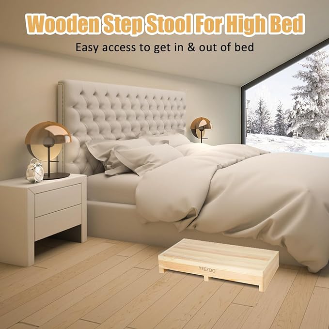 Wooden one Step Stool- Solid Pine Wood Step Riser with Non-Slip Pads, Wood Step Stool for Elderly Adults, high Bed, Bathroom, Kitchen (31.5" L*15.7" W*3.9" H, Natural, 400LBs Capacity)