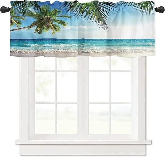 Valance Curtains for Kitchen Window, Palms Tree Ocean Tropical Sea Rod Pocket Valances Window Treatments Beach Theme Short Curtains for Bedroom/Living Room,54" X 18" -1 Panel,