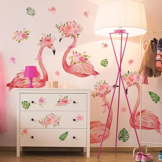 Pink Flamingo Wall Decals - Stylish Bird and Flower Stickers for Home Decor