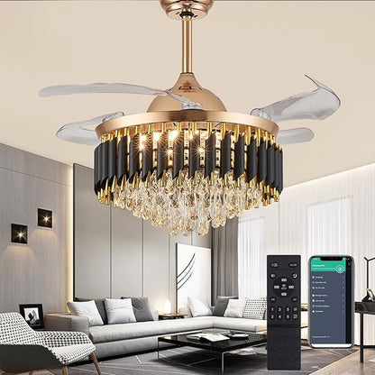 42" Gold Chandelier Ceiling Fans with Lights Crystal Ceiling Fan Chandelier Ceiling Fan with Lights Retractable Blade Fandelier Bladeless Ceiling Fans for Dinning Room Living Room Kitchen Foyer