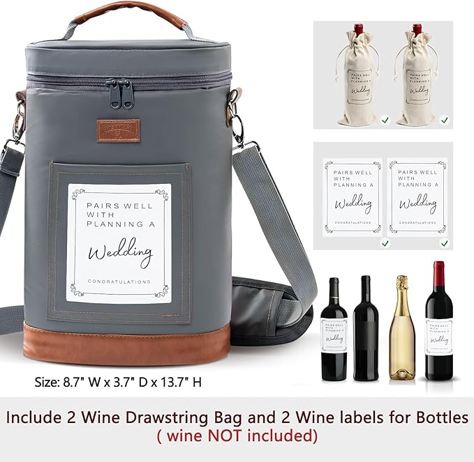 2 Bottle Wine Cooler Bags, Insulated Wine Bag with 2 Wine Drawstring Bag and 2 Engagement Wine Labels, Wine Carrier Bag,Wine Accessories for Wine Lovers, Engagement Gifts for Her, Wine Travel Bag