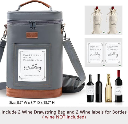 2 Bottle Wine Cooler Bags, Insulated Wine Bag with 2 Wine Drawstring Bag and 2 Engagement Wine Labels, Wine Carrier Bag,Wine Accessories for Wine Lovers, Engagement Gifts for Her, Wine Travel Bag