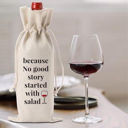 Wedding Bridal Shower Gifts, Engagement Gifts Wine Bags for Wine Bottles Gifts, Birthday Housewarming Gifts New Home Wine Gifts Bag, Because No Good Story Started with A Salad Wine Bag