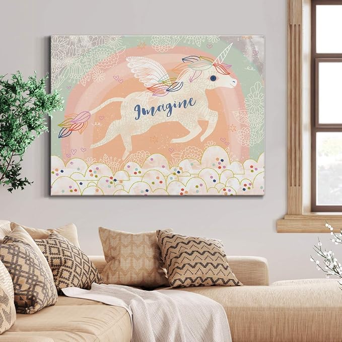 Renditions Gallery Canvas Figurative Wall Art Home Paintings & Prints Imaginative Innocent Unicorn Modern Abstract Vibrant Fantasy Decorations for Bedroom Office Kitchen - 32"x48" LT33