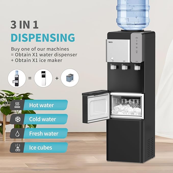 VECYS 3 or 5 Gallon Water Dispenser Cooler with Ice Maker, 27LBS Daily Ice Making and Triple Temper Water Supply, Child Safety Lock and Night Light Included, Ideal for Home and Office