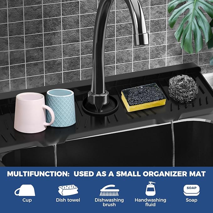 24" Kitchen Sink Faucet Splash Guard Plus Size Silicone Sink Faucet Drying Mat Faucet Handle Drip Catcher Tray Dish Sponge Holder Kitchen Sink Accessories Protector Home Organization Gadgets Organizer