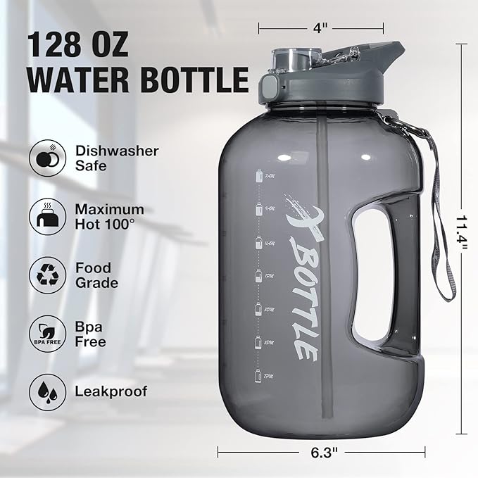 1 Gallon Water Bottle with Straw & Chug lid, BPA Free Dishwasher Safe 128oz Large Water Bottle with Motivational Time Marker and Handle Leak-proof Big Water Jug for Camping Sports Workouts