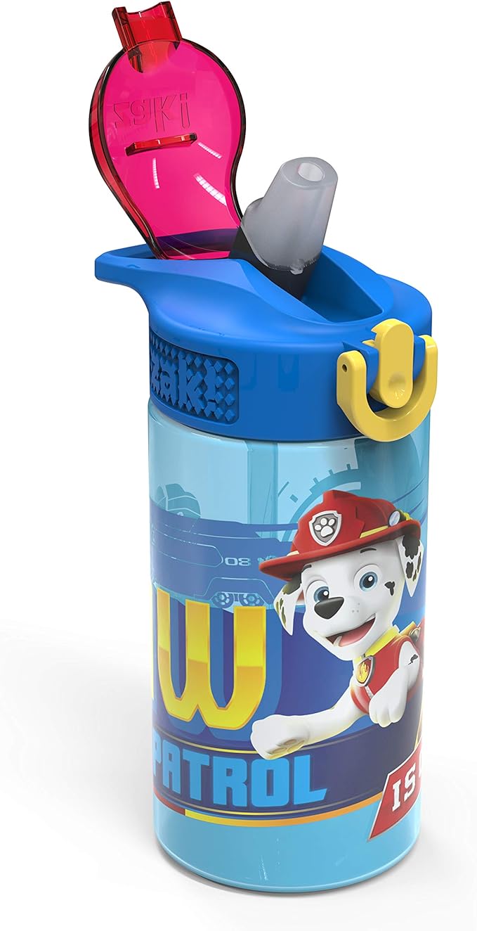 Zak Designs PAW Patrol Kids Water Bottle with Spout Cover and Built-in Carrying Loop, Durable Plastic, Leak-Proof Water Bottle Design for Travel (16 oz, 2-Pack, Non-BPA, Marshall)