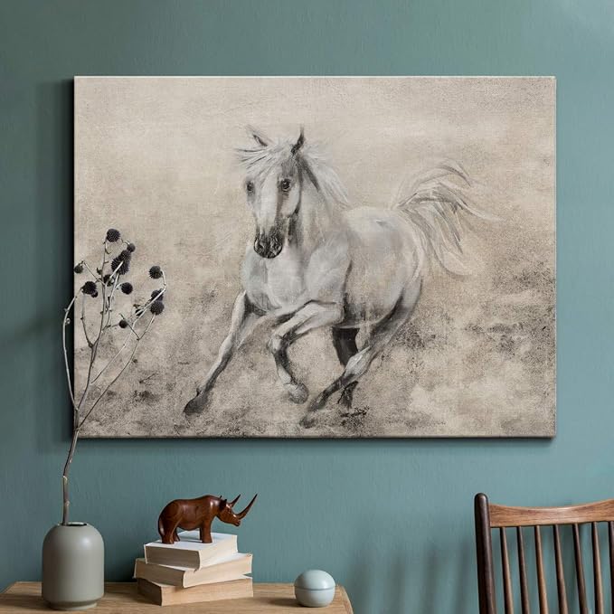 Renditions Gallery Canvas Animal Wall Art Home Paintings & Prints Elegant Running Horse Abstract Black & White Modern Figurative Artwork Decor for Bedroom Office Kitchen - 32"x48" LT33