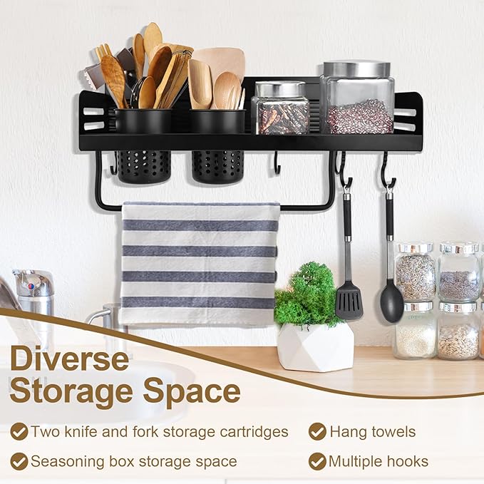 Spice Rack Organizer Wall Mount, Seasoning Rack with Hook,Space Aluminum Space Saver Racks for Kitchen, Cabinet, No Punching Required Kitchen Wall Storage Organizer, Multifunctional Home Storage Rack