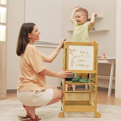 TOETOL Kids Kitchen Step Stool with Keeper Bamboo Toddler Child Standing Tower Helper Adjustable Height with Black and White Activity Board