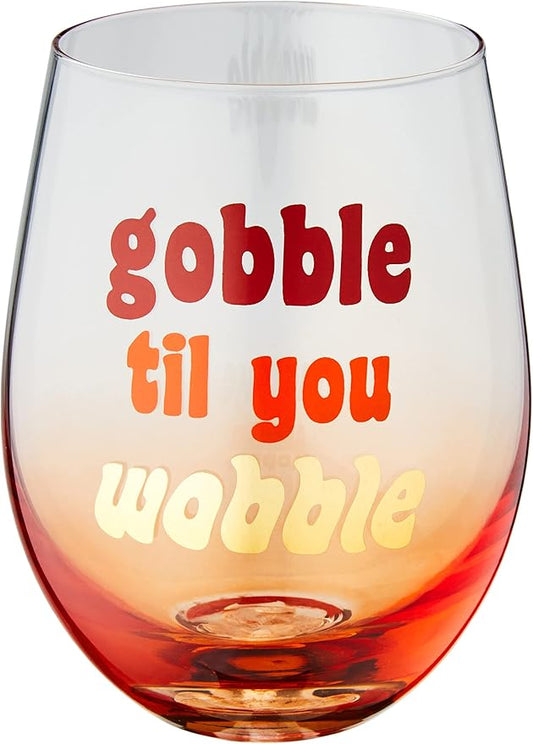 Pearhead Gobble Til You Wobble, Gradient Orange Thanksgiving, Seasonal Fall Home Dećor Accessory, Holiday Stemless Wine Glass, 15oz