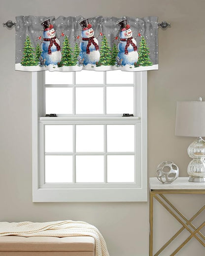 Winter Holidays Snowman Valance Kitchen Curtains for Window, Christmas Tree Cardinal Rod Pocket Valances Window Treatments White Snowflake Curtains for Bedroom/Living Room,54" X 18" -1 Panel, Gray