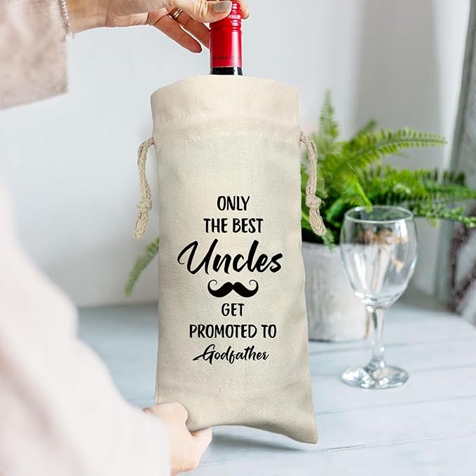 ZHANTUONE，Only the Best Uncles Promoted to Godfather,Father's Day Gifts,Funny party Wine Bags,Drawstring Polyester Cotton Cloth Wine Bag,Gift for Godfather Godparents Baptism Gift