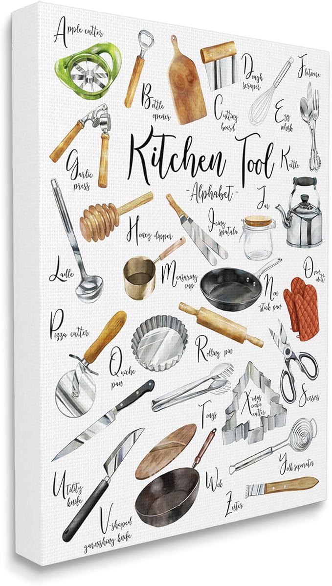 Stupell Industries Kitchen Tool Alphabet Cooking Accessory ABC Chart, Designed by Ziwei Li Canvas Wall Art, 30 x 40, Multi-Color