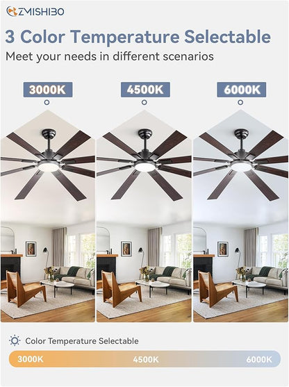 80 inch Large Ceiling Fans with Lights and Remote, Indoor/Outdoor Black Modern Ceiling Fan for Kitchen Living Room Patio, 6 Speed Reversible Quiet DC Motor, 3 CCT, Dual Finish 8 Blades