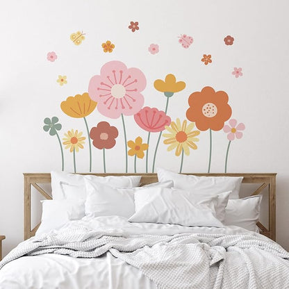 Zonon Flowers Wall Decals Vinyl Dragonflies Flowers Wall Stickers Removable Floral Wall Murals Peel and Stick Colorful Flower Wall Decor for Bedroom Living Room Nursery(Cute)