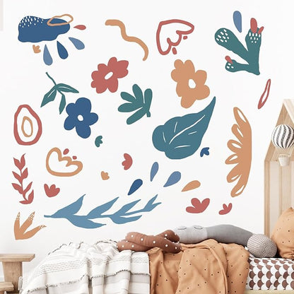 Mfault Boho Watercolor Wall Decals Stickers, Bohemian Abstract Geometric Plant Flower Cactus Cloud Decorations Bedroom Art, Botanical Minimalist Aesthetic Modern Home Kitchen Decor Party Supplies