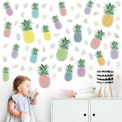 Watercolor Pineapple Window Stickers Cute Fruit Pineapple Plant Leaf Window Stickers Kitchen Kids Bedroom Living Room Dining Room Self-Adhesive PVC Removable Home Decor Wall Stickers Wallpaper