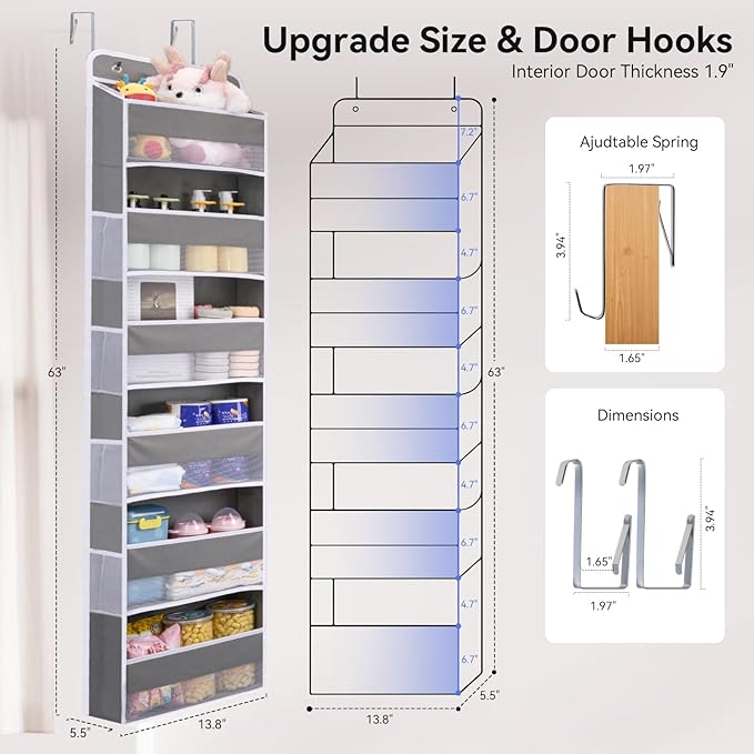 Over The Door Organizer Storage, 6 Bins Heavy Duty Closet Door Organizer Hanging, Anti Tilt 50 lb Back of Door Organizer for Bathroom, Bedroom, Nursery Baby Essentials, Home Organization