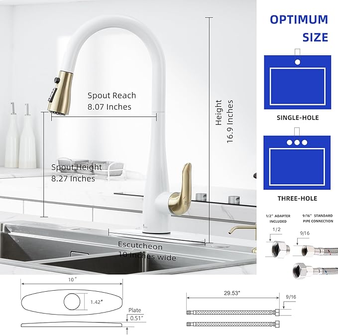 Touch on Kitchen Faucet with Soap Dispenser and Pull Down Sprayer - Single Handle Kitchen Sink Faucet, 1 or 3 Hole Design for Modern Farmhouse Kitchens, Rv, and Bar Sinks (Whit and Gold)