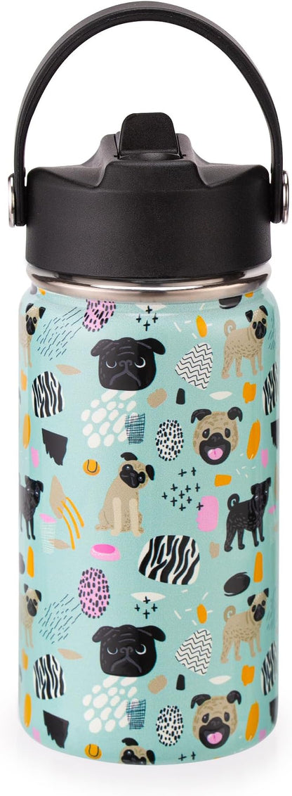 12oz Kids Insulated Water Bottle with Flip Straw & Big Handle, Cute Dog, Double Wall 18/8 Stainless Steel, Leakproof Gift for Kids Boys Girls to School Travel Sports, Hands Wash Only, Green