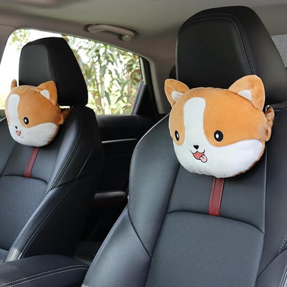 2 Pack Car Headrest Pillow, Cute Neck Pillow for Car Seat Comfortable Soft Head Neck Rest Cushion Seat Neck Support Cartoon Car Pillow for Driving, Travelling, Home Décor - Corgi