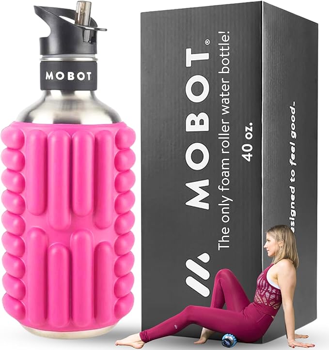 MOBOT Portable Travel Foam Roller Water Bottle with Sip Straw, Stainless Steel Screw Lid | Insulated Sports Water Bottle and Foam Rollers for Yoga, Workout, Home Gym, & Exercise 40oz. (Pink)