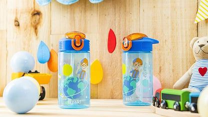 Zak Designs Blippi Kids Water Bottle with Spout Cover and Built-In Carrying Loop, Made of Durable Plastic, Leak-Proof Design for Travel (16 oz, Pack of 2)