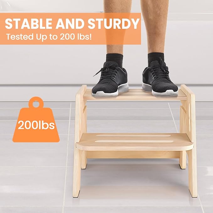 Toddler Step Stool, Wooden Height-Adjustable 2-Step Stool for Kids, Potty Training Stool with Handles for Bathroom Sink, Kitchen, Bedroom