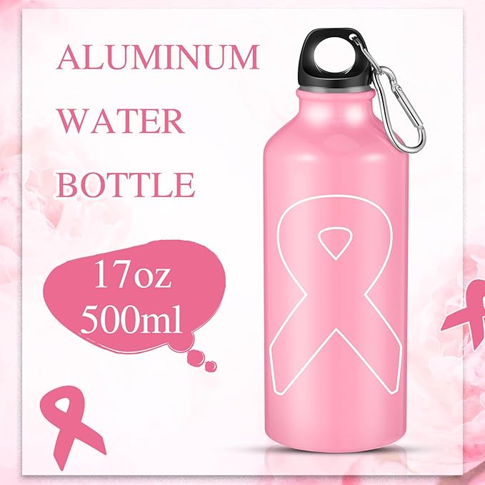 12 Pieces Breast Cancer Awareness Gifts Aluminum Water Bottles Pink Ribbon Breast Cancer Gift for Women Leak Proof Lightweight Portable Bottles for Marathon Running(17 oz, Classic Style)