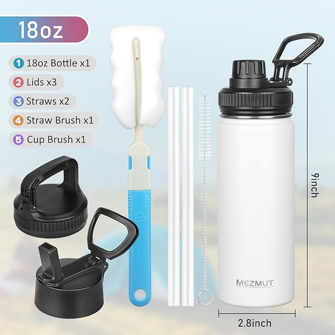 18oz Insulated Water Bottle with Straw&3 Lids Stainless Steel Water Bottles Kids Sports Metal Thermos Water Bottle Cup for School Vacuum Insulated Bottles Leak-Proof Travel Thermal (White)