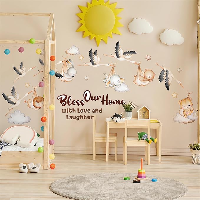 Cozy Sleeping Bag Animals Clouds Stars Wall Stickers, sacinora Cute Wild Goose Baby Elephant Bunny Bear Lion Tiger Cub Wall Decals Removable Vinyl Peel and Stick for Nursery Bedroom Art Home Decor