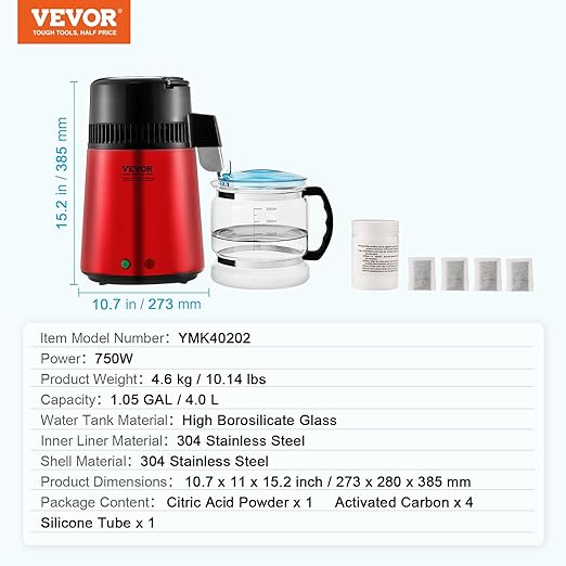 VEVOR Water Distiller, 4L 1.05 Gallon Pure Water Purifier Filter for Home Countertop, 750W Distilled Water Maker, Stainless Steel Interior Distiller Water Making Machine to Make Clean Water, Red