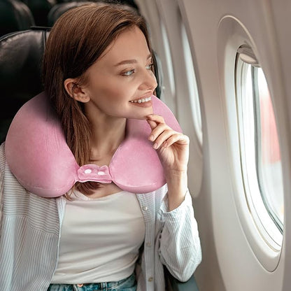 Cooling Travel Pillow, Neck Pillow Airplane Memory Foam Double-Side with Sleep Mask Earplugs, Soft & Support Airplane Pillow for Travelling Plane Car Train Home Use, Pink