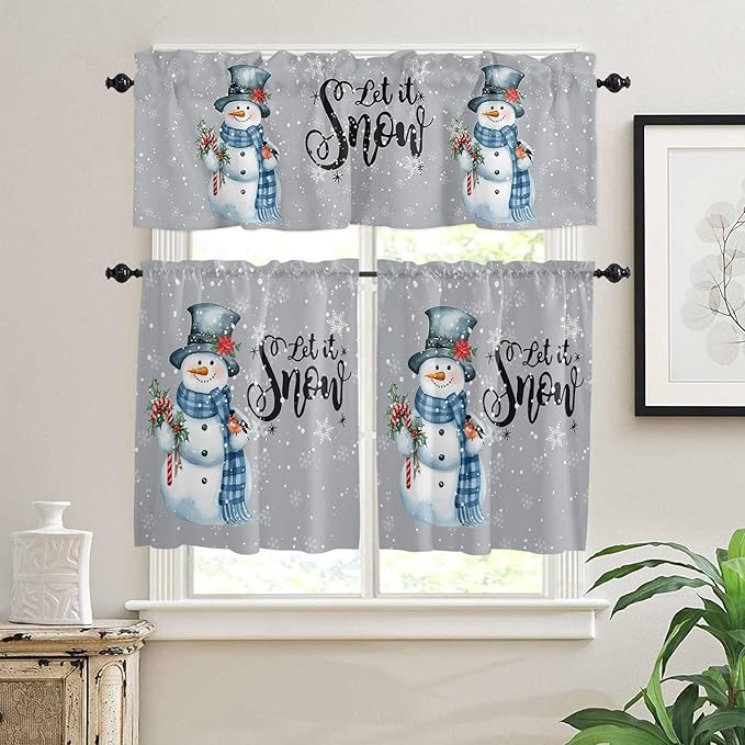 Vandarllin Snowman Christmas Kitchen Curtains and Valances Set, Let It Snow Winter Holiday Windows Treatments Tiers Half/Short Curtains for Small Windows Cafe/Living Room/Bedroom 54x24 in Grey White