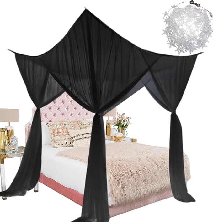 Bed Canopy Mosquito Net for Bed, Canopy Bed Curtains for Twin Full Size, 4 Corner Post Bedroom Canopy with USB String Light, Square Home Decor Bed Drapes for Kids Adults (Black-Light)