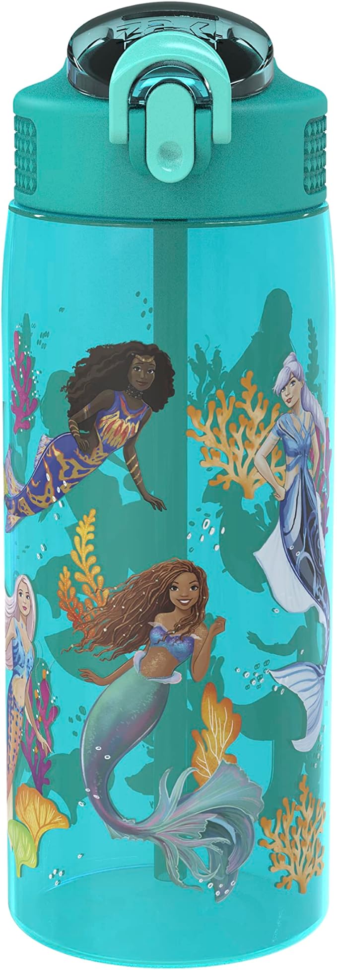 Zak Designs Disney The Little Mermaid 2023 Kids Water Bottle For School or Travel, 25oz, Durable Plastic, with Pop-Up Antimicrobial Spout and Cover, Handle, and Leak-Proof (Ariel and Sisters)