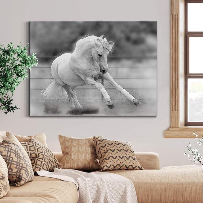 Renditions Gallery Canvas Animal Wall Art Home Paintings & Prints Vintage Dancing Horse Modern Black & White Wall Hanging Romantic Artwork Decor for Bedroom Office Kitchen - 32"x48" LT33