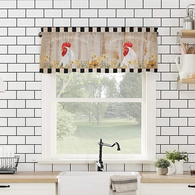 Valance Curtains for Kitchen Window, Sunflower Vintage Farm Chicken Rod Pocket Valances Window Treatments Black White Plaid Short Curtains for Bedroom/Living Room,54" X 18" -1 Panel,