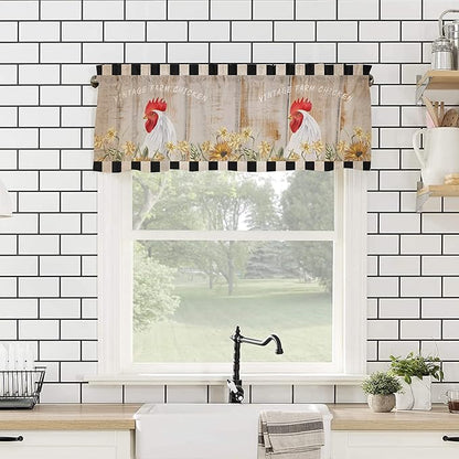 Valance Curtains for Kitchen Window, Sunflower Vintage Farm Chicken Rod Pocket Valances Window Treatments Black White Plaid Short Curtains for Bedroom/Living Room,54" X 18" -1 Panel,